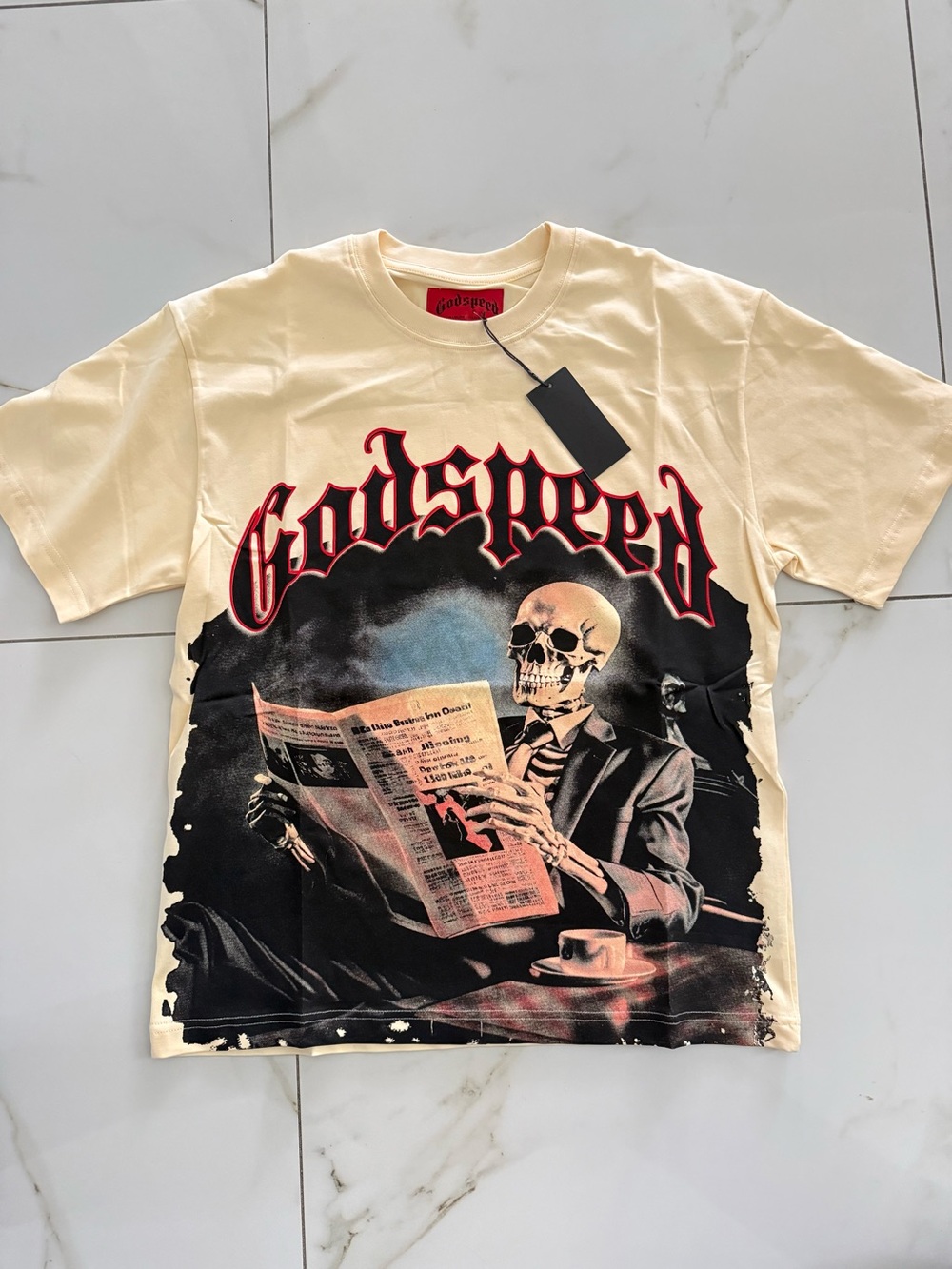 Brand new Goddspeed Cream Skull Newspaper Design T